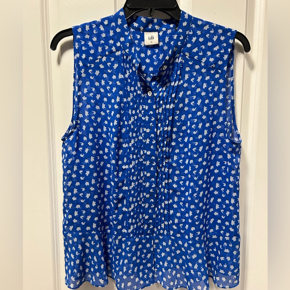 CAbi Royal Blue Sleeveless Pintuck Blouse with White Dot Print
